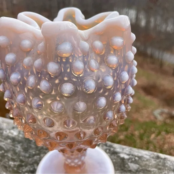 DUNCAN & MILLER Vintage 1940s Pink Opalescent Hobnail Crimped Footed Vase Cup - Picture 4 of 10